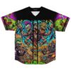 Horror punk zombie collage with neon skulls and motorcycle, button-front view of black rave jersey