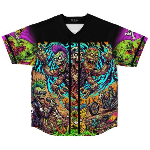 Horror punk zombie collage with neon skulls and motorcycle, button-front view of black rave jersey
