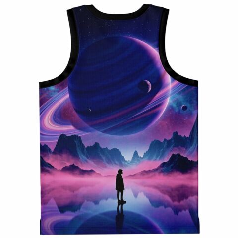 Ringed purple planet jersey with cosmic mountain lake landscape and silhouetted figure, back view
