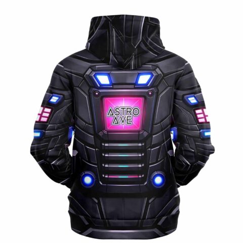 Back view of black mech armor pattern with glowing panels and ASTRO AVE chest display