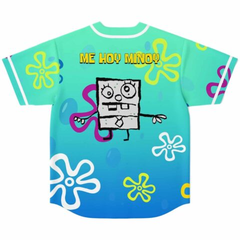 Cartoon-style sea character on a teal-to-blue flower pattern, back view with “ME HOY MINOY” text