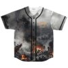 Battlefield warrior artwork on a baseball jersey with smoky ruins and glowing embers, front view