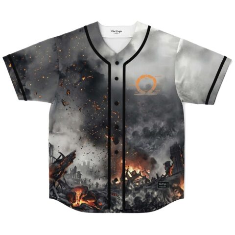 Battlefield warrior artwork on a baseball jersey with smoky ruins and glowing embers, front view