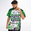 Green purple geometric puzzle design with question-mark graphics, angled front view on a model