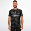 Model wearing front of black camo rave soccer jersey with logo details