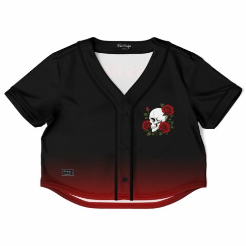 Black cropped baseball jersey with skull and rose design, red gradient