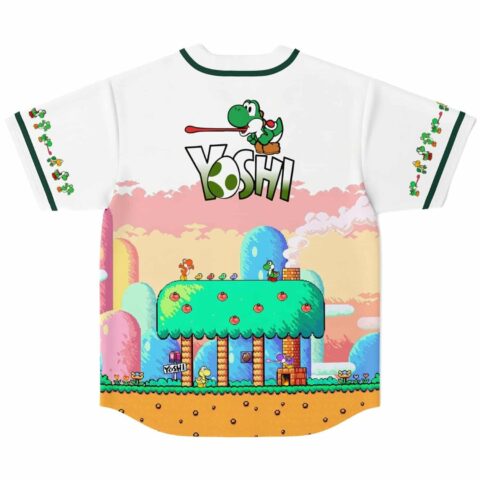 Pixel-art platform landscape with green dinosaur and “YOSHI” text, back view on white
