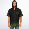 Front view of a man wearing the black rave hooded baseball jersey with the hood up