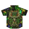 Cosmic cannabis galaxy jersey front with neon leaf print, hood, buttons, and green alien illustration