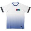 White and blue gradient rave soccer jersey with colorful emblem graphics, front view