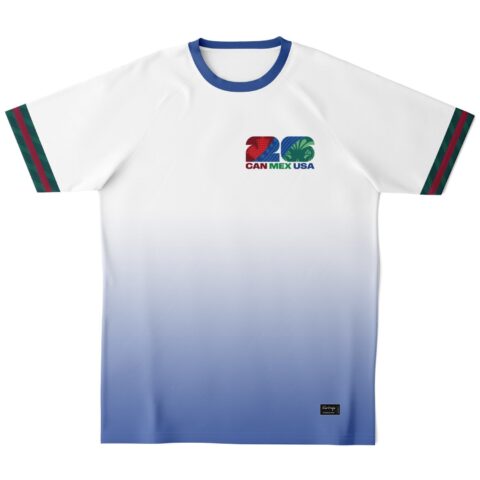 White soccer jersey with gradient blue design and colorful logo elements