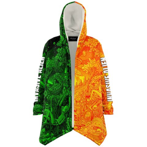 Split neon cosmic forest cloak with green and orange planets and skeletons, front view