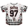White jersey back view with “SISTER,” 97, queen card, red roses, scrollwork, and harlequin diamonds