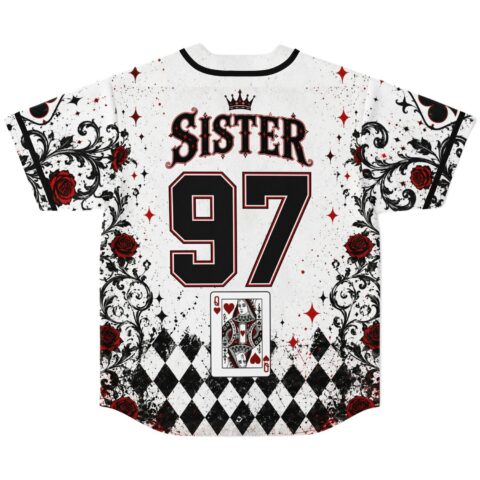 White jersey back view with “SISTER,” 97, queen card, red roses, scrollwork, and harlequin diamonds
