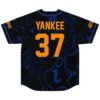 Back view of black and blue marbled rave baseball jersey with custom name and number in orange lettering