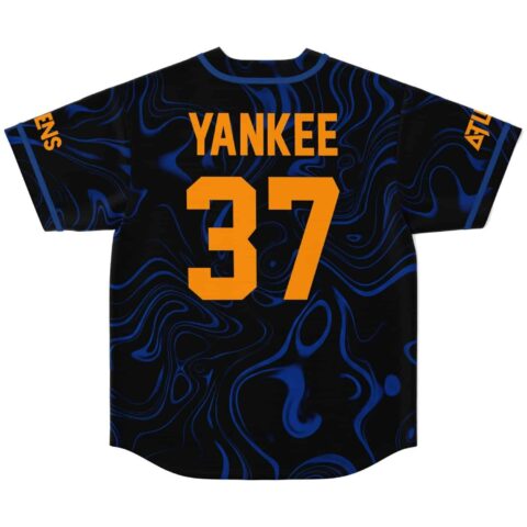Back view black and blue marbled baseball jersey with orange lettering