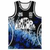 Front view of black-and-blue crystalline tie-dye, white 26, bold psychedelic lettering, and white basketball trim