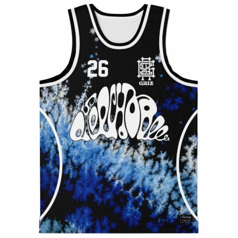 Front view of black-and-blue crystalline tie-dye, white 26, bold psychedelic lettering, and white basketball trim