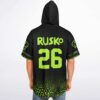 Rear view of a man in the black rave hooded baseball jersey showing the neon green custom name and number on the back
