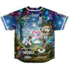 Glowing enchanted forest back view featuring moonlit trees, colorful crystals, and multiple white festival logos