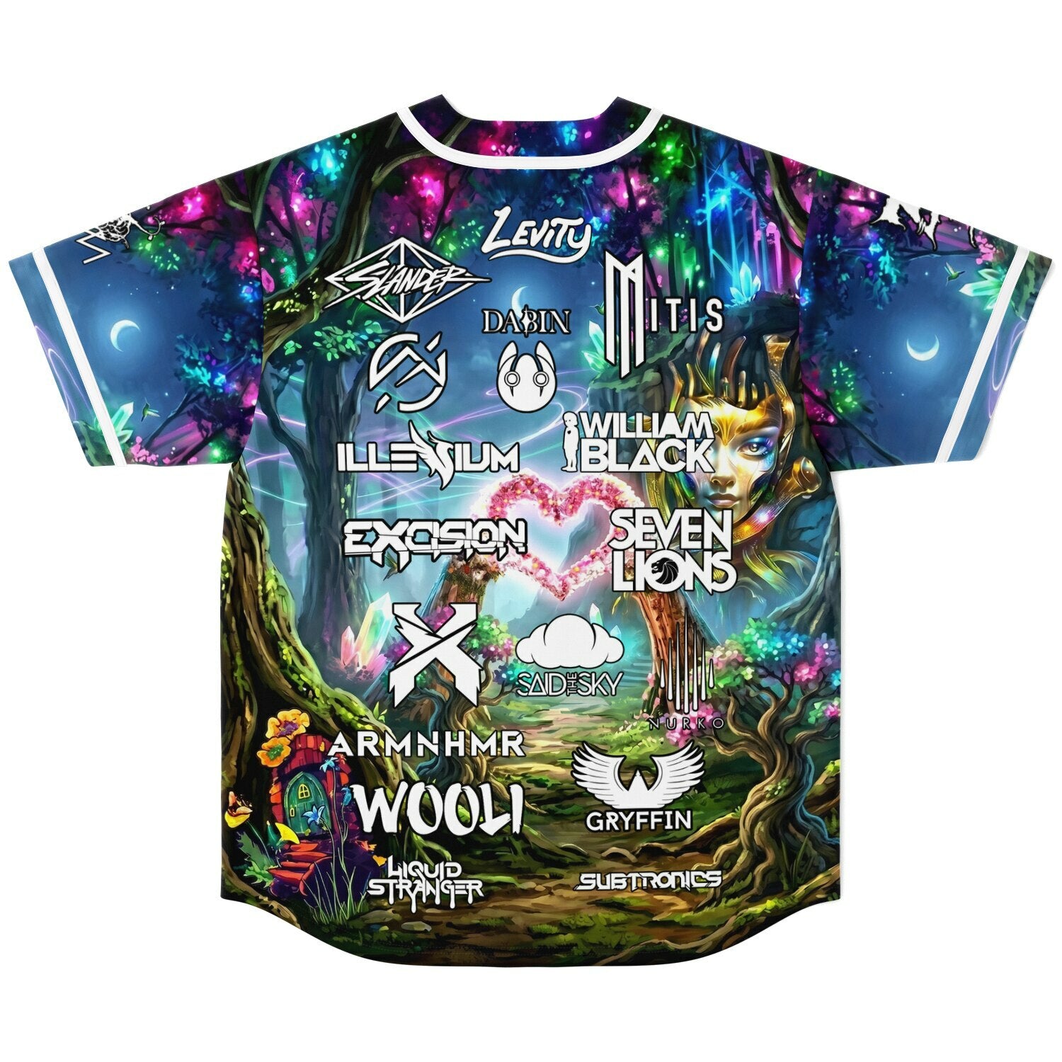 Glowing enchanted forest back view featuring moonlit trees, colorful crystals, and multiple white festival logos