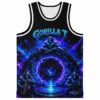 Front view: blue muscular gorillas, cosmic portal, and “GORILLA T” lettering on black fabric