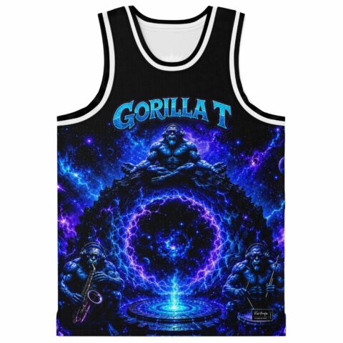 Front view: blue muscular gorillas, cosmic portal, and “GORILLA T” lettering on black fabric