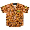 Photorealistic baked bean pattern on a button-front jersey with black trim, shown from the front