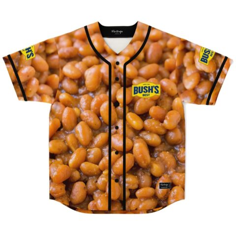Photorealistic baked bean pattern on a button-front jersey with black trim, shown from the front