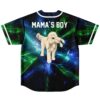 Cosmic blue and green starburst jersey back with “MAMA’S BOY” and plush dog artwork