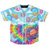 Front view of neon rainbow space pattern with smiley faces, clouds, planets, and Levity text