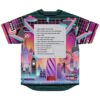 Vaporwave London skyline jersey back view with “2024” and “NIKHIL’S” text, checklist panel, neon grid