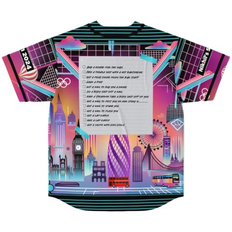 Vaporwave London skyline jersey back view with “2024” and “NIKHIL’S” text, checklist panel, neon grid