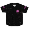 Black galaxy starfield with neon emblem and pink sleeve lettering, front view of button jersey