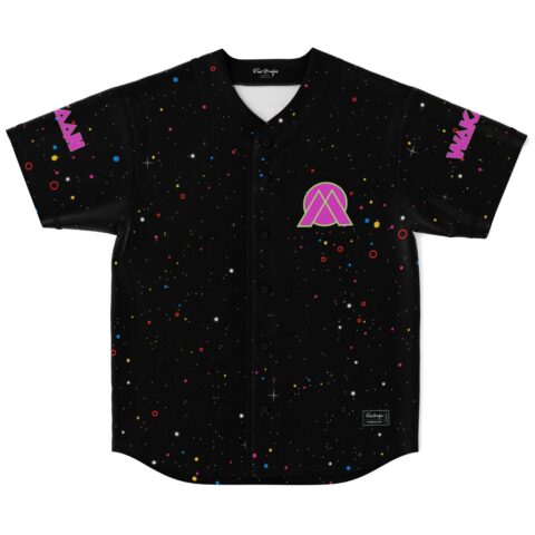 Black galaxy starfield with neon emblem and pink sleeve lettering, front view of button jersey