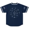 Navy sacred geometry pattern on back with white orbital symbols and sleeve accents, flat lay