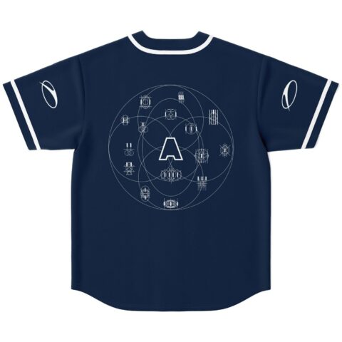Navy sacred geometry pattern on back with white orbital symbols and sleeve accents, flat lay