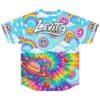 Back view of neon rainbow galaxy pattern with clouds, smiley faces, planets, and Levity lettering