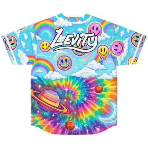 Back view of neon rainbow galaxy pattern with clouds, smiley faces, planets, and Levity lettering