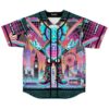 Vaporwave London skyline jersey front view with “Rave Party” and “London” text, neon grid geometry