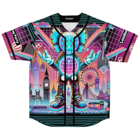 Vaporwave London skyline jersey front view with “Rave Party” and “London” text, neon grid geometry