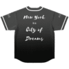 Minimal city typography back view with script reading “New York is a City of Dreams”