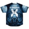 Dark navy Underwater Tentacled Skull design with feathers and A.Qsequedα text, back of rave jersey
