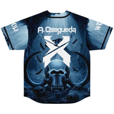 Dark navy Underwater Tentacled Skull design with feathers and A.Qsequedα text, back of rave jersey