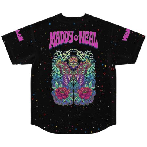 Psychedelic butterfly and flowers on a colorful galaxy starfield, back view of festival jersey