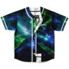 Cosmic blue and green starburst jersey front with reversible white marble panel and “Bruno” detail