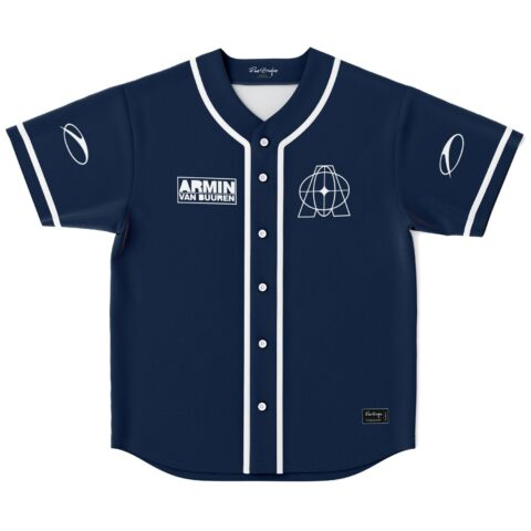 Navy front jersey with white geometric emblem, button placket, contrasting piping, flat lay view