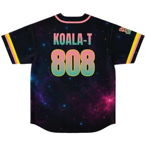 Black galaxy cosmic jersey back with “KOALA-T 808” lettering and neon pink-yellow sleeve stripes