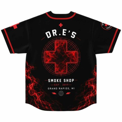 Black jersey back with red electric smoke cross graphic and “SMOKE SHOP” text, rear view