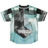 Waterfall geometric collage jersey back view featuring teal scenery, cloud panels, and bold white emblem